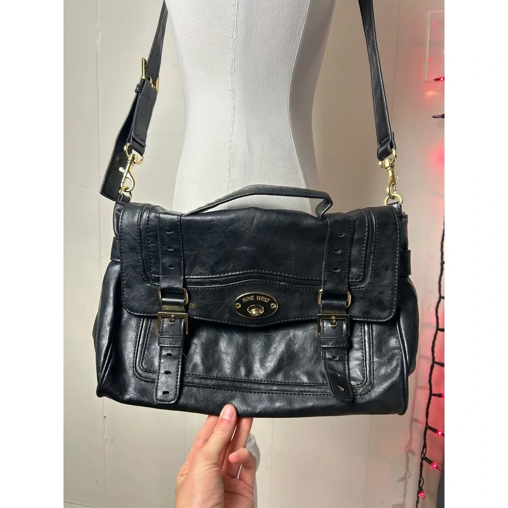 Nine West Black Faux Leather Satchel Crossbody Bag Gold Y2K 2000S McBling Boho